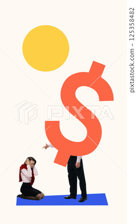 Contemporary art collage. Man points accusingly at kneeling woman under dollar symbol, illustrating financial inequality and social pressure. Contemporary art collage. Man points accusingly at kneeling woman under dollar symbol, illustrating financial inequality and social pressure. 125358482