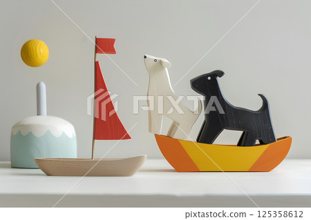 Stylish interior model of a white dog, a black dog and a fishing boat (woodwork) 125358612
