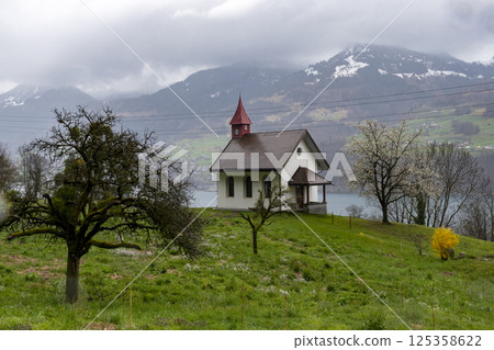 Typical Swiss dwelling along the banks of Lake Walensee Typical Swiss dwelling along the banks of Lake Walensee 125358622