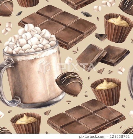 Hot chocolate with marshmallows, truffle candies, milk chocolate, crumbs and bars. Watercolor seamless pattern, suitable for cafe menus, packaging, branding, food blogs and cozy winter designs. Hot chocolate with marshmallows, truffle candies, milk chocolate, crumbs and bars. Watercolor seamless pattern, suitable for cafe menus, packaging, branding, food blogs and cozy winter designs. 125358761