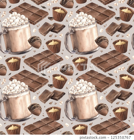 Hot chocolate with marshmallows, truffles, milk chocolate, crumbs and bars. Seamless watercolor pattern on gray background, suitable for cafe menu, packaging, chocolate branding, sweets, food blogs. Hot chocolate with marshmallows, truffles, milk chocolate, crumbs and bars. Seamless watercolor pattern on gray background, suitable for cafe menu, packaging, chocolate branding, sweets, food blogs. 125358767