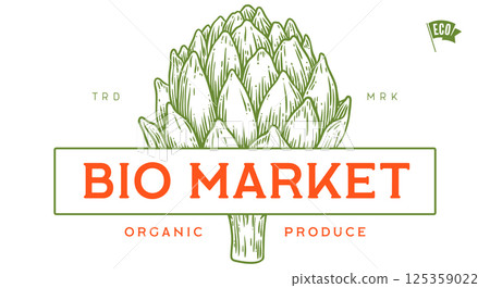 Artichoke, vegetable. Tag, label, sign, vintage retro print, black white artichoke drawing, sketch ink pencil draw, engrave old school style. Sketch artwork silhouette artichoke. Vector Illustration Artichoke, vegetable. Tag, label, sign, vintage retro print, black white artichoke drawing, sketch ink pencil draw, engrave old school style. Sketch artwork silhouette artichoke. Vector Illustration 125359022