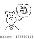 Funny little doggie with speech bubble. Black and white outline vector illustration with text. Hand drawn doodle in cartoon style. Perfect for pet-themed designs, prints, and stickers 125359314
