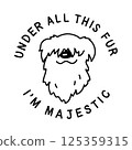 Shaggy dog head in a round text frame. Black and white hand drawn illustration of a chunky pup with happy face in doodle style. Vector element for pet-themed designs, prints, and stickers 125359315