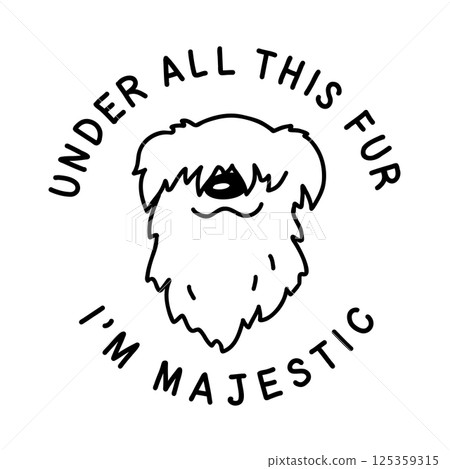 Shaggy dog head in a round text frame. Black and white hand drawn illustration of a chunky pup with happy face in doodle style. Vector element for pet-themed designs, prints, and stickers 125359315