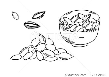 Set with sunflower seeds in a pile and in a cup in a sketch style, line art on a white background 125359409