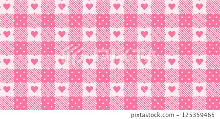 Pink romantic check vector seamless pattern, tartan plaid geometric design with hearts and dots for Valentine's Day napkins, tablecloths 125359465