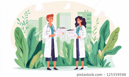 Illustration of two doctors with clipboards standing outdoors with greenery and buildings in the background. 125359598