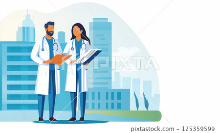 Flat vector illustration of male and female doctors reviewing medical charts outside hospital in urban cityscape. 125359599