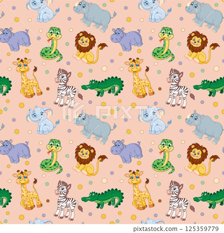 Seamless pattern with African animals. Lion, elephant, giraffe, rhinoceros, monkey, snake. Hippopotamus illustration for kids 125359779