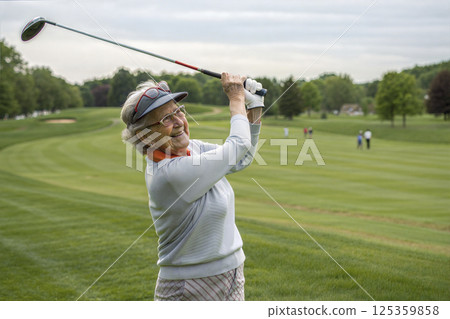 A senior woman playing golf with happy emotions 125359858