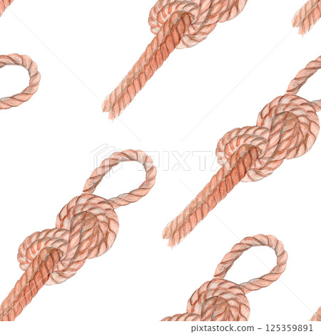 Sailor's rope, tied into a reef knot seamless pattern isolated on white. Hand painted in watercolor. Hand painted clip art perfect for eco design, sailing, sea travel, wrapping paper, packages, scout 125359891