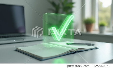 Desk and notebook with floating check marks 125360069