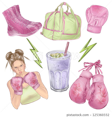 girl in boxing gloves, sports bag, smoothie, boxing gloves pink, sneakers for sports, sports set isolated illustrations in high quality, perfect for poster design, for design of sports products. 125360332