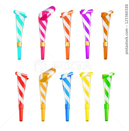 Color Party Blower Whistles Set of Celebration Happy Party. Realistic Detailed 3d. Vector 125360388