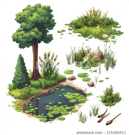 Set wetland biome elements, featuring reeds, marshy pools, and cypress trees, isolated on white 125360411