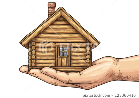 Hand presenting a small wooden cottage, representing cozy home living, isolated on white Hand presenting a small wooden cottage, representing cozy home living, isolated on white 125360416