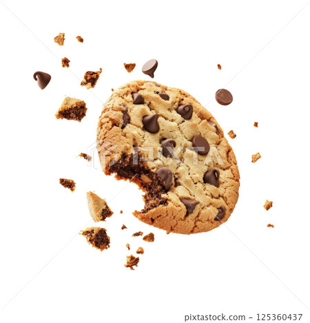 Crumbly chocolate chip cookie breaking, small crumbs flying, white background 125360437