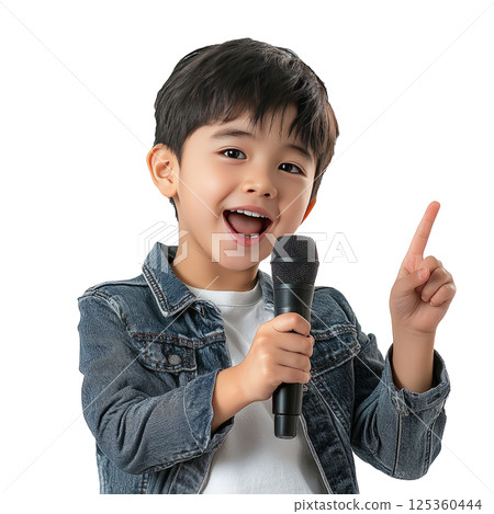 Boy holding microphone and pointing to the side, singing happily, clean white background 125360444