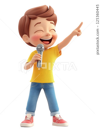 Boy holding microphone and pointing to the side, singing happily, clean white background 125360445