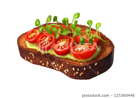 Avocado toast topped with cherry tomatoes, sesame seeds, and microgreens, isolated on a white background 125360446