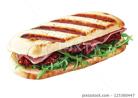 Authentic Italian panini with prosciutto, arugula, and sun-dried tomatoes, on a white background 125360447