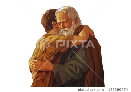 The Prodigal Son returning home, embracing his father, white background. 125360474