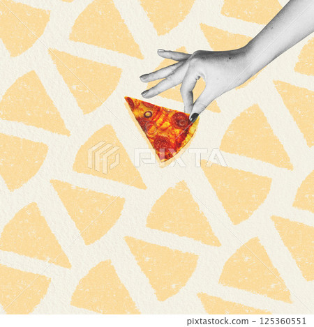 Woman hand taking slice of pizza Woman hand taking slice of pizza 125360551
