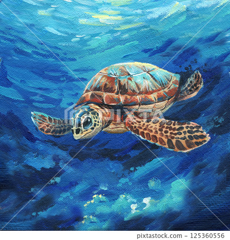 Swim turtle Acrylic painting of a sea turtle swimming in tropical ocean waters with vibrant colors and light reflections 125360556