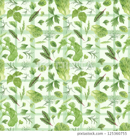 Fresh spring microgreen leaves watercolor seamless pattern on green checkered background. Basil, lettuce salad leaf, chard beet, rosemary, dill, parsley, oregano herbs hand painting illustration. Fresh spring microgreen leaves watercolor seamless pattern on green checkered background. Basil, lettuce salad leaf, chard beet, rosemary, dill, parsley, oregano herbs hand painting illustration. 125360755