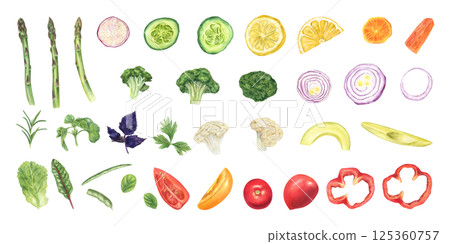 Watercolor set of assorted vegetable slices isolated background. Cucumber, red onion, carrot, bell pepper, tomato, asparagus, lemon, broccoli, cauliflower, avocado, and leaves clip art illustration Watercolor set of assorted vegetable slices isolated background. Cucumber, red onion, carrot, bell pepper, tomato, asparagus, lemon, broccoli, cauliflower, avocado, and leaves clip art illustration 125360757