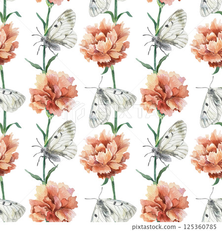 Red carnations and butterflies seamless pattern. Hand drawn watercolor illustration isolated. For greeting cards for mothers day, birthday, wrapping paper, wallpaper, textile, fabric, napkins, covers. 125360785