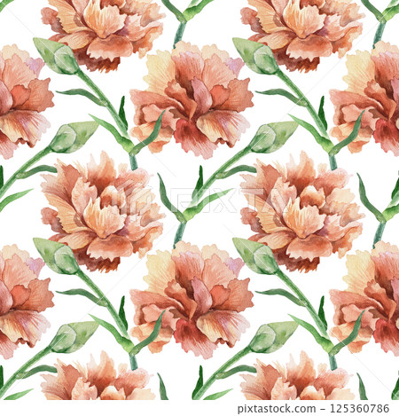 Red carnations seamless pattern. Flowers and buds. Hand drawn watercolor illustration isolated. Greeting cards for mothers day, birthday, wrapping paper, wallpaper, textile, fabric, napkins, covers. 125360786