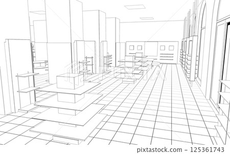 shopping mall, contour visualization, 3D illustration, sketch, outline 125361743