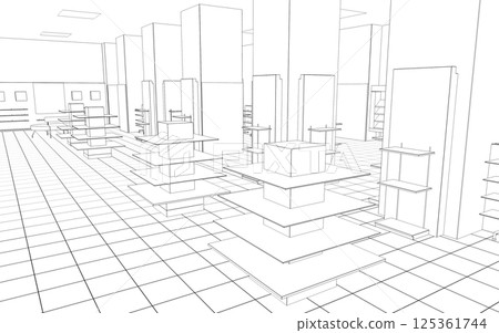 shopping mall, contour visualization, 3D illustration, sketch, outline shopping mall, contour visualization, 3D illustration, sketch, outline 125361744