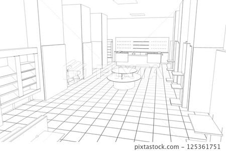 shopping mall, contour visualization, 3D illustration, sketch, outline 125361751