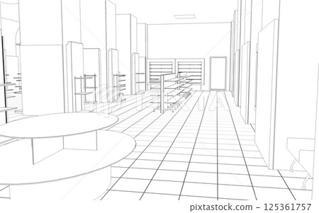 shopping mall, contour visualization, 3D illustration, sketch, outline 125361757