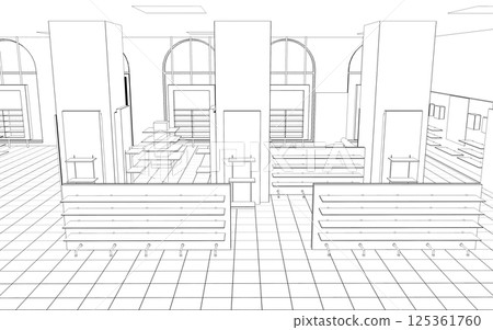 shopping mall, contour visualization, 3D illustration, sketch, outline 125361760