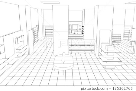 shopping mall, contour visualization, 3D illustration, sketch, outline shopping mall, contour visualization, 3D illustration, sketch, outline 125361765