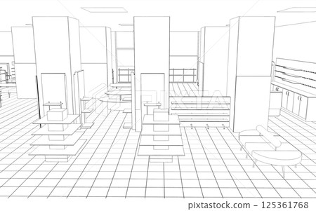shopping mall, contour visualization, 3D illustration, sketch, outline 125361768