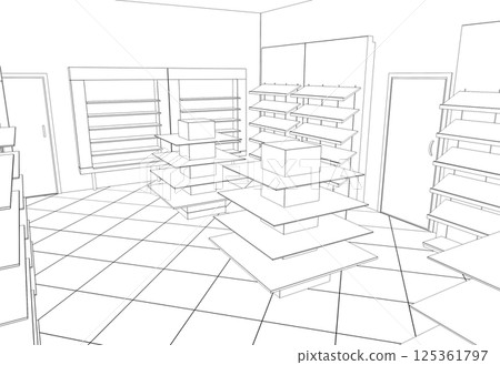 shopping mall, contour visualization, 3D illustration, sketch, outline 125361797