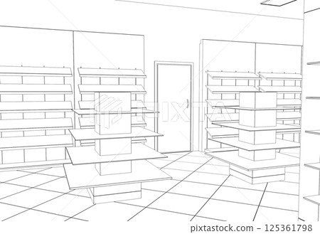 shopping mall, contour visualization, 3D illustration, sketch, outline 125361798
