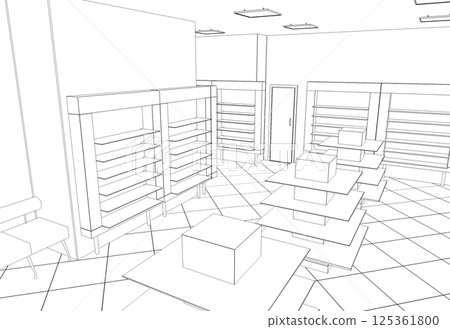 shopping mall, contour visualization, 3D illustration, sketch, outline shopping mall, contour visualization, 3D illustration, sketch, outline 125361800