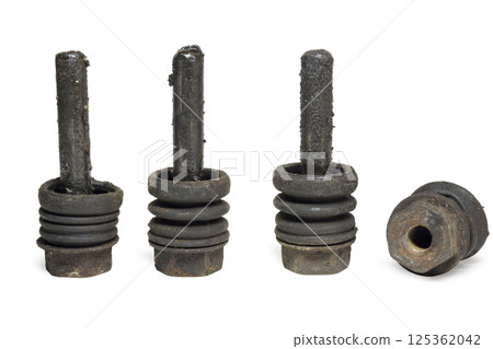 brake caliper guide pins set of front brakes, lubricated, wear out, with boots. isolated on white background, with clipping path brake caliper guide pins set of front brakes, lubricated, wear out, with boots. isolated on white background, with clipping path 125362042