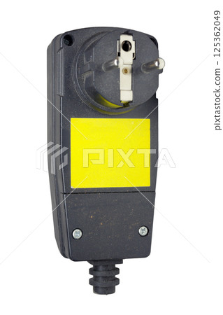 Power plug assembly with ground fault circuit interrupter. replacement part for concrete vibrator. isolated on white background Power plug assembly with ground fault circuit interrupter. replacement part for concrete vibrator. isolated on white background 125362049