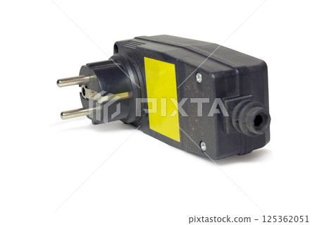 Power plug assembly with safety RCD Protection. replacement part for concrete vibrator and any electrical device, used against voltage leakage and electric shock. on white background, with clipping 125362051