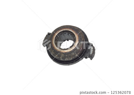 clutch release bearing, worn out, dismantled from car for replacing, isolated on white background clutch release bearing, worn out, dismantled from car for replacing, isolated on white background 125362078
