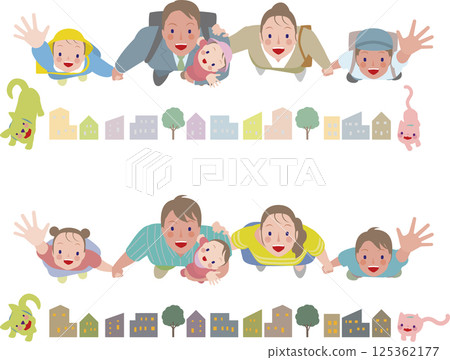 Family dressed for work or school. Family dressed casually for the holidays or evening. Parents and children looking up and smiling Family dressed for work or school. Family dressed casually for the holidays or evening. Parents and children looking up and smiling 125362177
