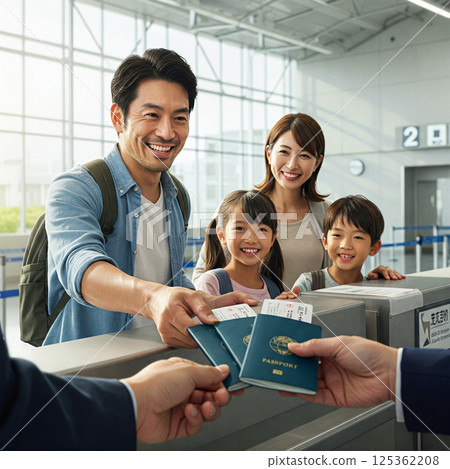A man and his family receiving their passports at the counter 125362208