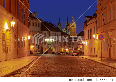 St Vitus Cathedral and street in Prague Czech Republic at night St Vitus Cathedral and street in Prague Czech Republic at night 125362423